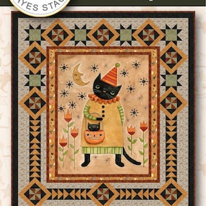May include: A quilt pattern titled Spooky Kitty by Needle in a Haystack and Riley Blake Designs. The central panel features a black cat in a yellow dress and striped party hat holding a pumpkin bucket, with a crescent moon and stars. Measures 64" x 72".