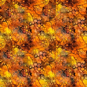 May include: Abstract pattern with a blend of warm colors. The design features a mix of organic shapes, including circles and irregular forms, in shades of yellow, orange, and brown. The overall effect is a textured, mottled appearance, reminiscent of natural stone or a close-up of a plant.