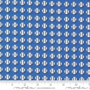 May include: Blue fabric with a white baseball pattern. The fabric is a repeating pattern of white baseballs on a blue background.