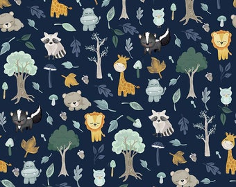 SALE FLANNEL It's a Boy Baby Animals F13903 Navy - Riley Blake Designs - Lions Raccoons Giraffes Hippos Owls Bears - FLANNEL Cotton Fabric