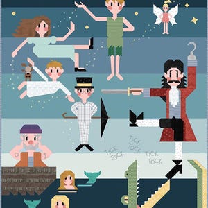 May include: A whimsical, colorful illustration featuring characters from Peter Pan. Peter Pan, Wendy, Captain Hook, Tinkerbell, and other characters are depicted in a patchwork style against a blue background with stars. The words "Tick Tock" are also included.