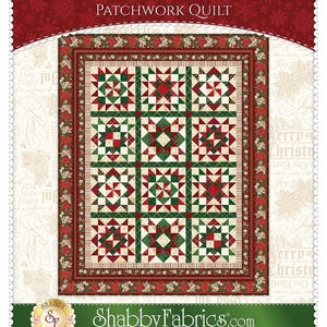 May include: A Poinsettias at Christmas patchwork quilt featuring a grid of twelve star-patterned blocks in red, green, and cream. The quilt has a dark red border with a floral print and a thin striped inner border, labeled ShabbyFabrics.com.