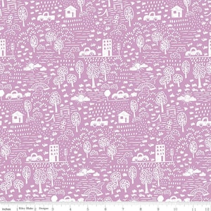 May include: A purple fabric with a white repeating pattern of houses, cars, trees, and other small details. The pattern is reminiscent of a child's drawing.