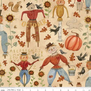 May include: A colorful fabric featuring a whimsical autumn theme with scarecrows, pumpkins, birds, and leaves. The fabric has the word "OCTOBER" printed on it, along with the alphabet.