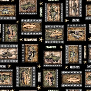 May include: A black fabric with a repeating pattern of military vehicles and text. The vehicles include helicopters, tanks, and armored trucks. The text includes "Serve", "Honor", "Protect", "Duty", "Hero", and "Defend".