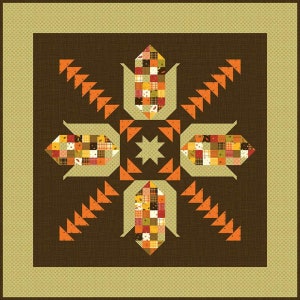 May include: A brown quilt with a patchwork design featuring a star in the center and four corn husks with patchwork designs. The quilt is surrounded by a green border.