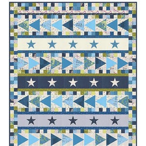 May include: A patchwork quilt with a patriotic theme, featuring blue, white, and green geometric patterns. The quilt includes rows of blue triangles and white stars on a cream and blue background. The word "ACE" is at the top.