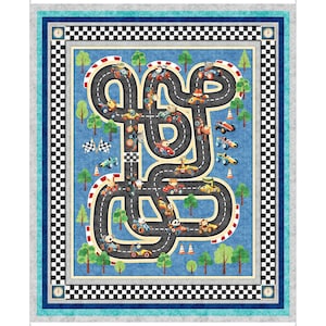 May include: A rectangular quilt featuring a central blue background with a winding black race track. The track includes various cartoon animals driving colorful race cars, surrounded by green trees and orange traffic cones, framed by a black and white checkered border with blue and grey outer edges.