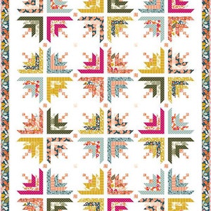 May include: A quilt pattern with a white background and a repeating pattern of colorful log cabin blocks. The blocks are made up of various shades of pink, yellow, green, and blue fabrics with floral and geometric patterns.