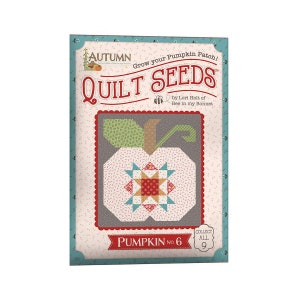 May include: A quilt pattern for a pumpkin-shaped quilt block. The block is white with a red, orange, and blue star in the center. The pattern is called "Pumpkin No. 6" and is part of a collection of nine quilt patterns called "Quilt Seeds" by Lori Holt of Bee in my Bonnet.