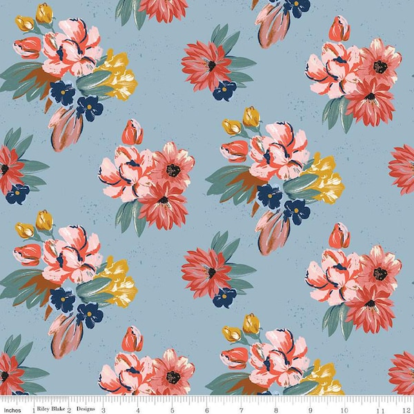 SALE Wild Rose Floral C14041 Blue by Riley Blake Designs - Flowers Western - Quilting Cotton Fabric