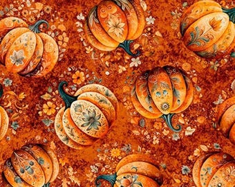 Harvest Hollow Tossed Pumpkins Burnt Orange Pumpkin Fabric - 31985 - QT Fabrics Quilting Cotton Fabric