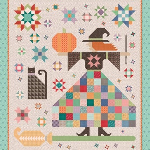 May include: A quilted witch with a pumpkin, a black cat, and a broom. The witch is wearing a brown dress with a patchwork skirt and a witch's hat. The background is a white fabric with a patchwork design. The text "The Quilted Witch" is at the top of the image. The text "Designed by Lori Holt" is at the bottom left of the image. The text "Bee in my Bonnet Co." is at the bottom right of the image.