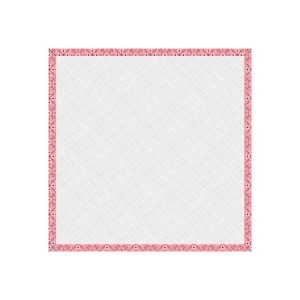 May include: A square white textile with a pink border. The border features a repeating pattern of small floral and geometric shapes in shades of pink and red. The textile has a subtle crosshatch texture.