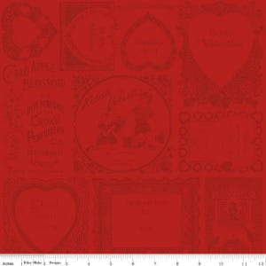 May include: Red fabric with a repeating pattern of vintage Valentine's Day themed illustrations. The illustrations include hearts, flowers, and text such as "Kiddie Valentine", "My Valentine", and "Crab Apple Blossom".