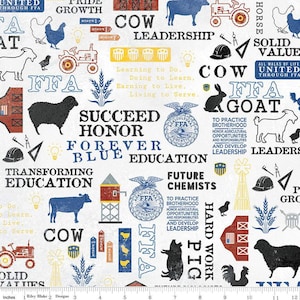 May include: A white background with a repeating pattern of farm animals, tools, and text related to the Future Farmers of America (FFA). The text includes "FFA", "Cow Leadership", "Succeed Honor", "Forever Blue Education", "Transforming Education", "Future Chemists", "Hard Work Pig", "Solid Value", and "All Walks of Life United Through FFA".