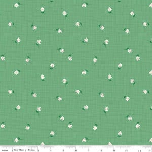 May include: Green fabric with a small daisy pattern. The daisies are white with green stems and leaves, scattered across a textured green background. The fabric is measured in inches.