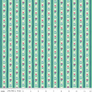 May include: A fabric with a repeating pattern of vertical stripes in shades of green and blue. The stripes are interspersed with small floral motifs in red, purple, and blue. The fabric is measured in inches.