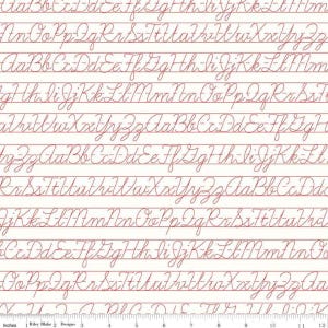 May include: A white sheet of paper with red lines and cursive letters of the alphabet repeated across the page. The letters are in a traditional cursive font.