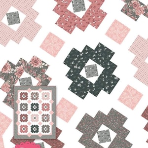 May include: A fabric design titled "Daisy Patch" featuring a repeating pattern of floral and geometric shapes in shades of pink, gray, and white. The design includes a small quilt with a similar pattern. Text includes "Designed by Sarah Price" and "It's sew emma".