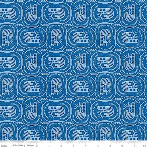 May include: Blue fabric with a repeating pattern of white circles. Each circle contains a white line drawing of a house with a sun above it and the text "Believe in the Future of Agriculture" and "FFA".