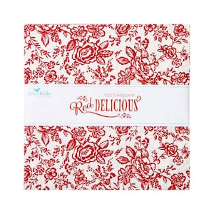 May include: Red and white fabric with a floral pattern. The fabric is labeled "Red Delicious" by RBD Designers and Riley Blake Designs.