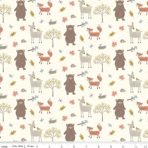 FLANNEL Woodland Creatures F16023 Cream - Riley Blake Designs - Trees Leaves Rabbits Deer Bears Fox - FLANNEL Cotton Fabric