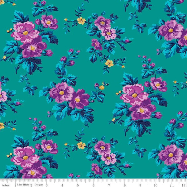 SALE Brilliance Main C14220 Teal - Riley Blake Designs - Floral Flowers - Quilting Cotton Fabric