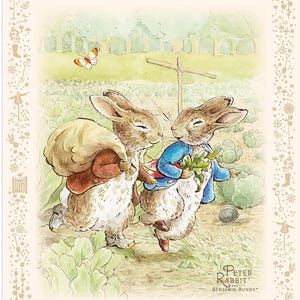 May include: Watercolor illustration featuring Peter Rabbit and Benjamin Bunny in a garden setting. Peter Rabbit wears a blue jacket and carries greens, while Benjamin Bunny carries a sack. A butterfly flutters above them, with the words "Peter Rabbit and Benjamin Bunny" at the bottom.