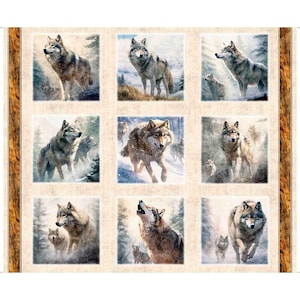 May include: A fabric panel featuring nine square images of wolves in a forest setting. The wolves are depicted in various poses, including standing, running, and howling. The color palette includes shades of gray, brown, and white, with a backdrop of trees and snow.