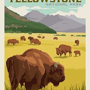 May include: A vintage travel poster for Yellowstone National Park featuring a brown bison in the foreground and a mountain range in the background. The poster has a yellow, green, and blue color scheme and the text "Yellowstone National Park" in brown letters.