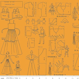 May include: Orange fabric with black line drawings of sewing patterns, diagrams, and illustrations of dresses and tops. Includes text such as "Camisole Top", "Diagram 1", and measurements in inches. A sewing and crafting theme.