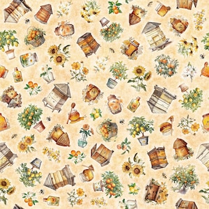 Queen Bee Bee Hive & Plant Toss 30485 Light Tan A - by QT Fabrics - Floral Flowers Jar Fruit - Quilting Cotton Fabric