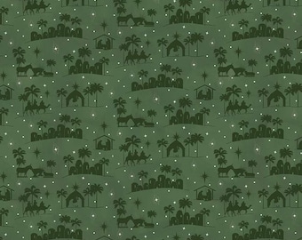 May include: Dark green fabric with a repeating pattern of nativity scenes, including silhouettes of palm trees, camels, stables, and stars. The fabric has a textured appearance and is marked with inches along the bottom.