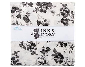 May include: A stack of fabric squares with a floral pattern in black and gray on an ivory background. The fabric is labeled "INK & IVORY" by Riley Blake Designs.