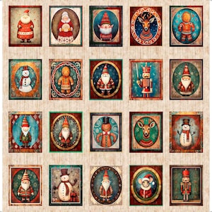 May include: A collection of twenty-one square Christmas-themed illustrations. The images feature Santa Claus, snowmen, elves, gingerbread men, reindeer, and a nutcracker. Each image is framed in a square with a rustic, vintage aesthetic.