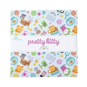 May include: A blue and white fabric with a repeating pattern of cats, fish, yarn balls, and other cat-themed items. The fabric has the text "Riley Blake Designs" and "pretty kitty" on it.
