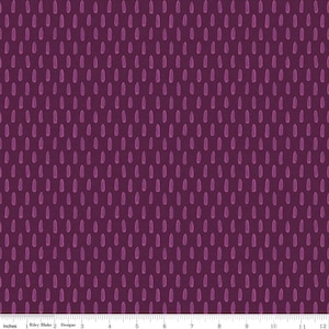 May include: A seamless fabric pattern with a repeating design of small, light purple, hand-drawn dashes on a dark purple background.