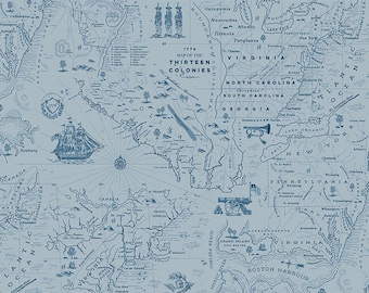 Tela patriótica azul con mapa colonial de la Independencia C17332 - Tela de algodón para acolchado Riley Blake