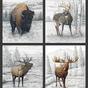 SALE Big Game Pillow Panel PPD12978 by Riley Blake Designs - DIGITALLY PRINTED Pencil Painting Elk Deer Moose Bison - Quilting Cotton Fabric