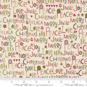 May include: A cream-colored fabric featuring a repeating pattern of holiday-themed words including Peace, Joy, Love, Noel, Merry, Jingle, and Christmas in red, green, and blue. Small icons of hearts, stars, trees, and flowers are interspersed throughout.