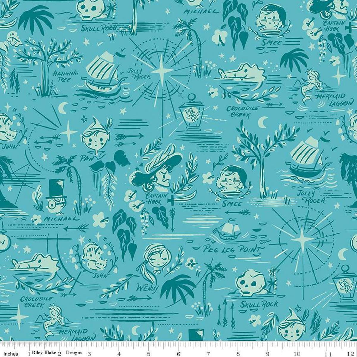 SALE Forever Neverland Neverland Map C15902 Peacock by Riley Blake Designs - Peter Pan Icons Characters - Quilting Cotton Fabric