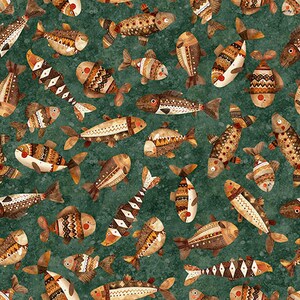 May include: A repeating pattern of stylized fish in shades of brown, tan, and white, with decorative patterns. The fish are scattered across a dark teal green background. The fish vary in size and orientation, creating a dynamic design.