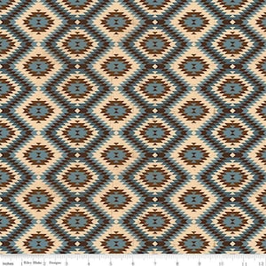 May include: A repeating pattern of diamond shapes in shades of brown, blue, and beige. The design has a Southwestern or Native American aesthetic, suitable for fabric or wallpaper.