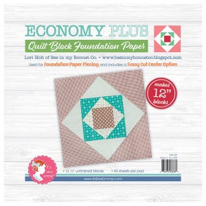 May include: Economy Plus Quilt Block Foundation Paper by Lori Holt. The paper includes a Fussy Cut Center Option and makes 12-inch blocks. The design features a geometric quilt block in shades of pink, teal, and brown, with the text "Economy Plus".