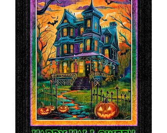 DEAL Happy Haunting Haunted Mansion Panel 31042 Multi X - - QT Fabrics - Spooky Halloween Jack-O-Lantern - Quilting Cotton Fabric