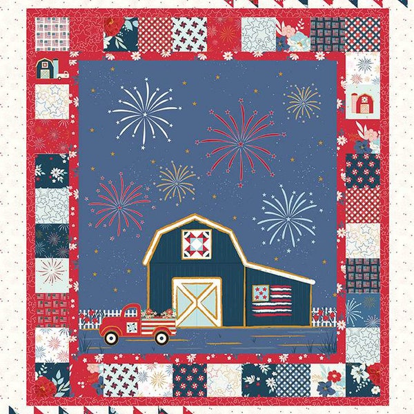 SALE Sweet Freedom American Vintage Panel SPARKLE by Riley Blake Designs - Truck Barn Patriotic Gold SPARKLE - Quilting Cotton Fabric