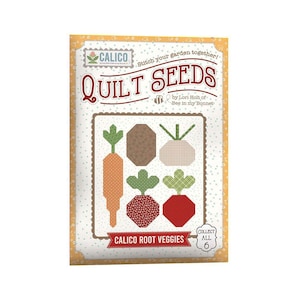 May include: A Calico Quilt Seeds package featuring a design of root vegetables. The package includes a carrot, turnip, and beet designs. The text on the package reads "QUILT SEEDS" and "CALICO ROOT VEGGIES".