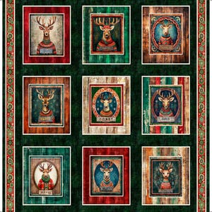 May include: A fabric panel featuring nine framed images of reindeer wearing festive sweaters. Each reindeer has antlers and is set against a rustic background. The frames are in various colors, including red, green, and brown, with the names of the reindeer displayed.