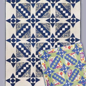 May include: A quilt pattern called "Dear Eliza" designed by Minay Streiis. The pattern features a blue and white quilt with a geometric design. The quilt is made up of squares and triangles. The pattern is available from Black Cat Creations.